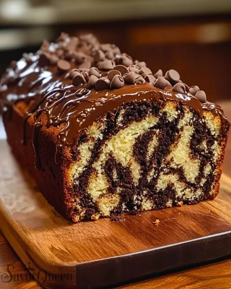 A slice of Double Chocolate Ricotta Marble Cake showcasing its rich chocolate and vanilla swirls.