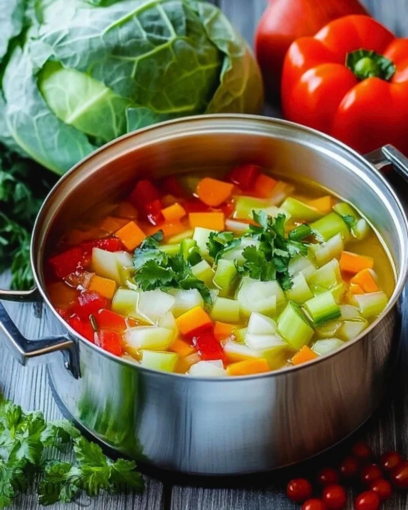 A pot of Cabbage Fat Burning Soup filled with colorful vegetables and herbs.