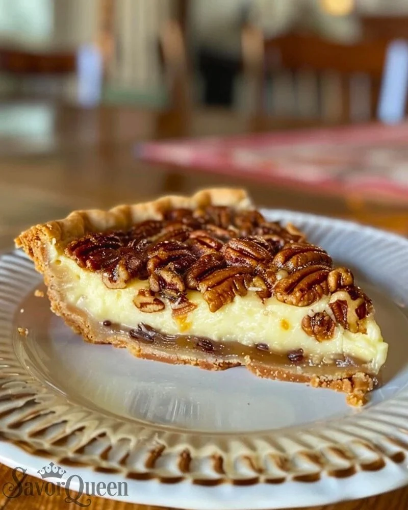 A slice of pecan pie cheesecake showcasing creamy layers and a pecan topping.