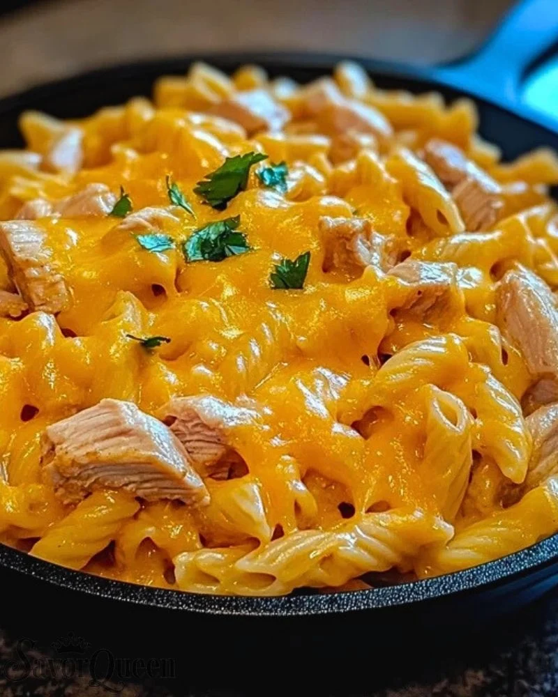 Creamy BBQ chicken pasta skillet with cheddar cheese and herbs on top.