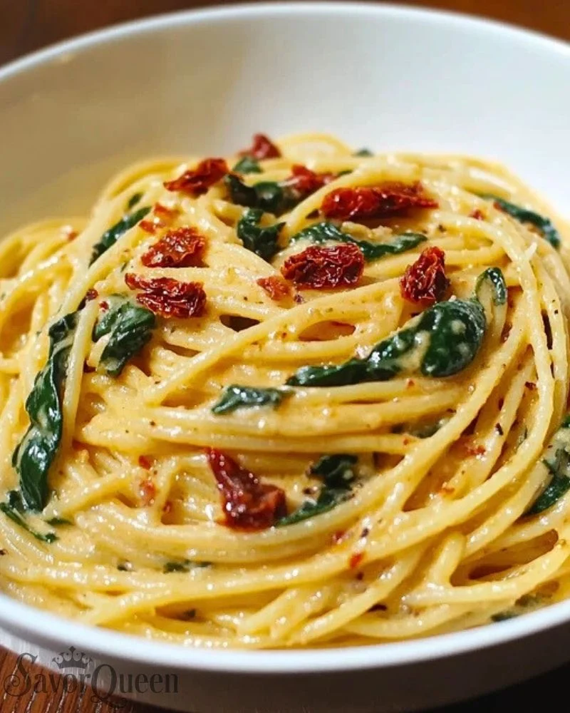 Creamy spaghetti with spinach and sun-dried tomatoes in a white bowl.