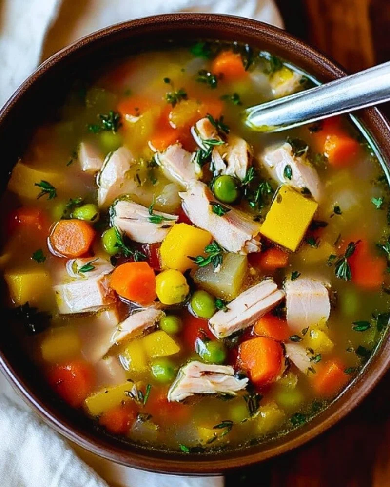 A warm bowl of turkey vegetable soup filled with colorful vegetables and tender turkey pieces.