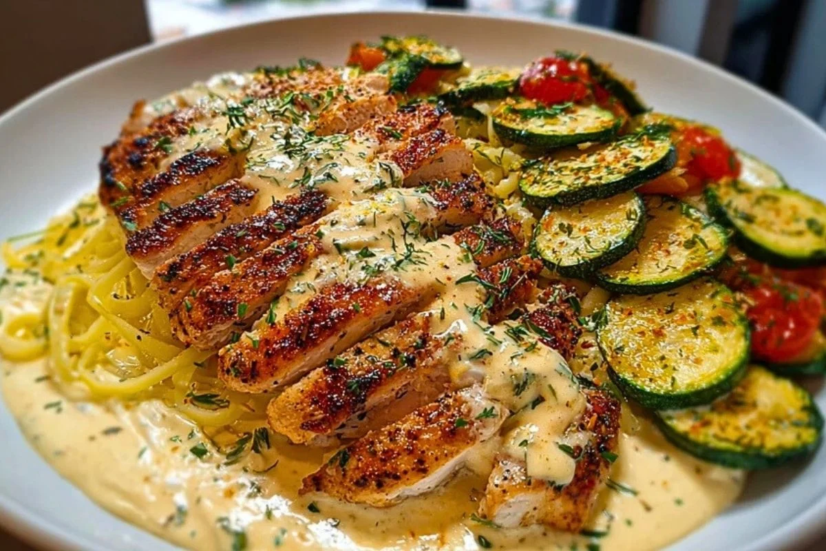 Indulge in this Lemon Dill Chicken Alfredo recipe featuring tender chicken, creamy Alfredo sauce, and a side of roasted red pepper whipped feta. Perfectly paired with crispy Parmesan zucchini, this dish is a flavor-packed dinner option you'll love.