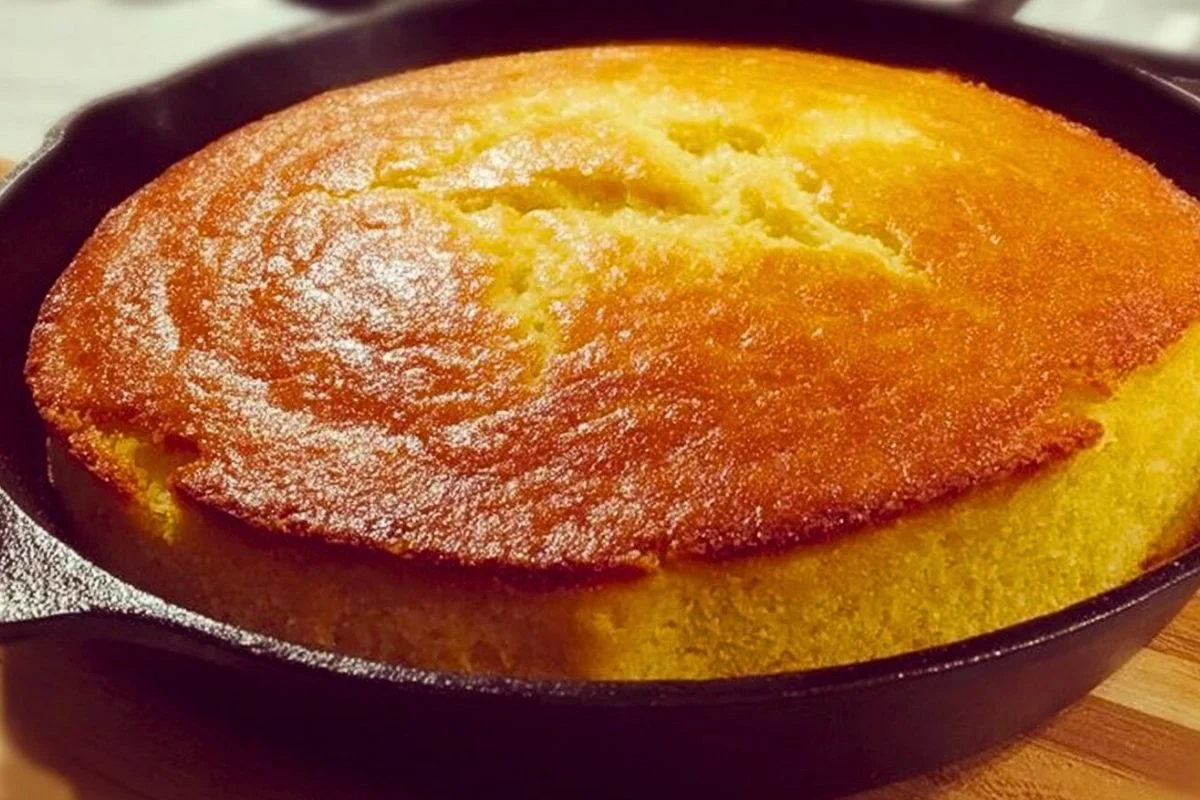 Golden buttermilk cornbread baked in a cast iron skillet, showcasing its moist texture.
