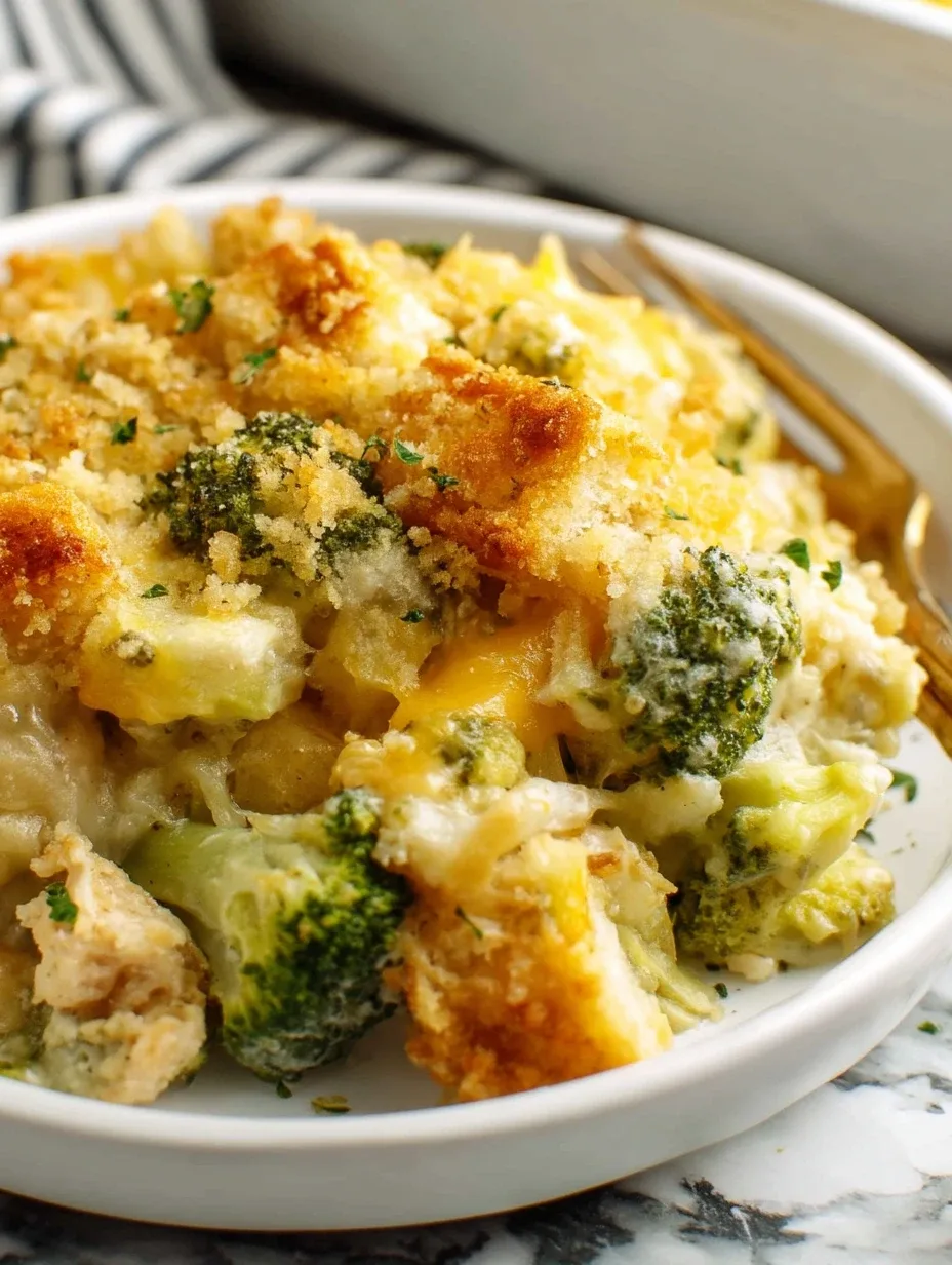 Creamy Broccoli Casserole Delight topped with golden breadcrumbs and parsley.