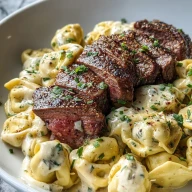 Garlic Butter Steak with Cheesy Alfredo Tortellini Bliss