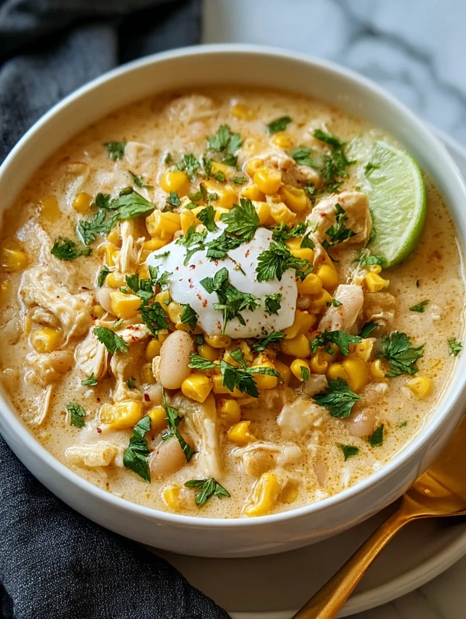 Bowl of Mexican Street Corn White Chicken Chili topped with corn, chicken, and lime.