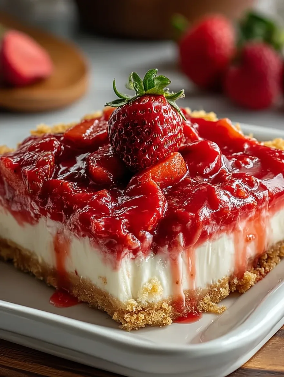 Delicious strawberry dump cheesecake topped with fresh strawberries and glaze.
