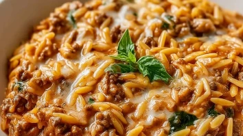 Ground Beef Orzo with Tomato Cream Sauce