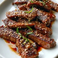 Teriyaki Marinated Beef Strips with Sesame Seeds