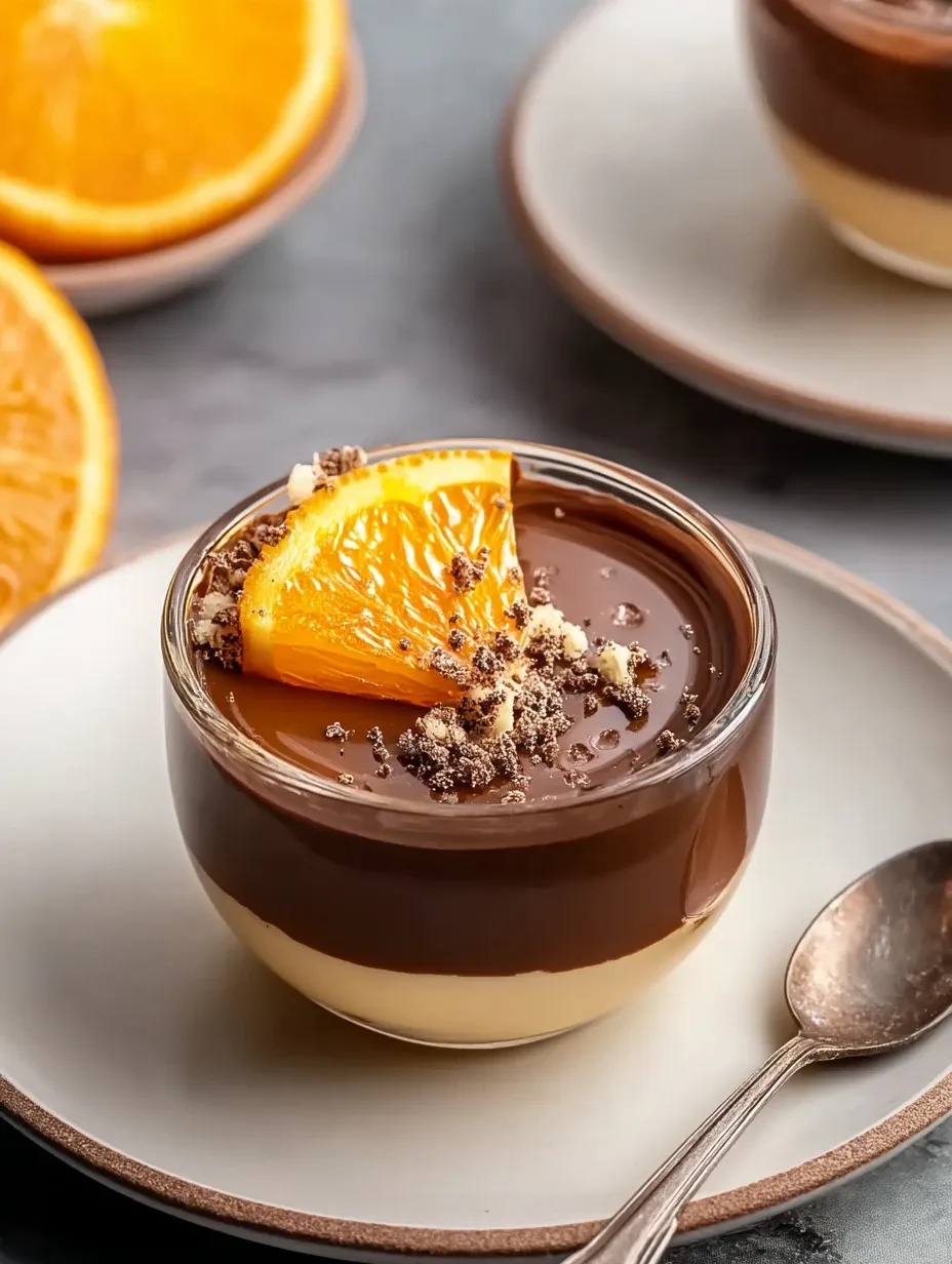 Chocolate Orange Posset topped with chocolate ganache and orange slice.