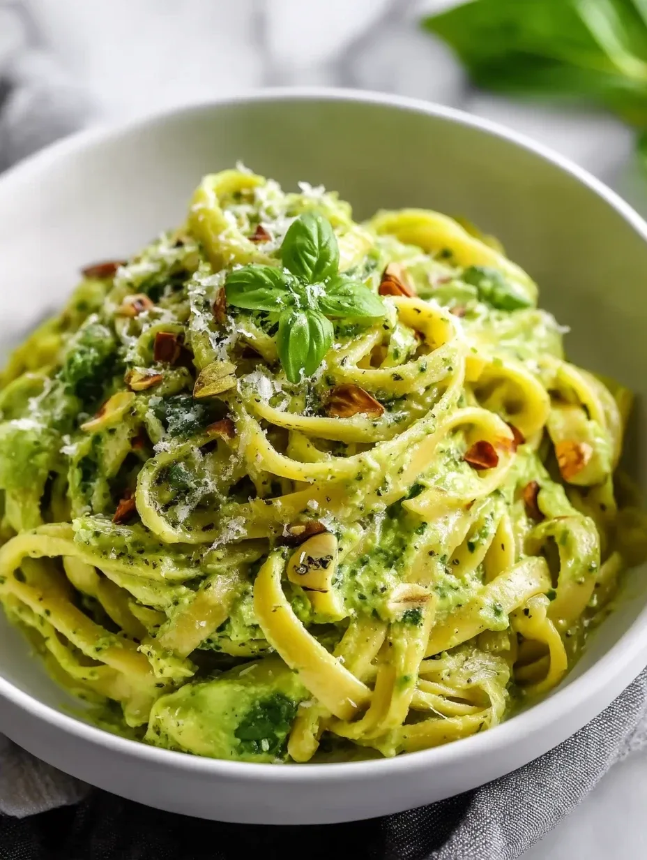 Creamy avocado pasta topped with basil and nuts in a white bowl.
