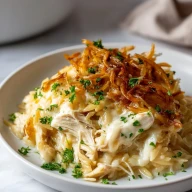 French Onion Chicken Orzo Casserole