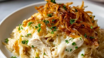 French Onion Chicken Orzo Casserole
