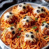 Spooky Spaghetti & Cheesy Monster Meatballs