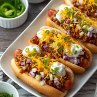 Loaded Crockpot Chili Cheese Dogs