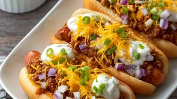 Loaded Crockpot Chili Cheese Dogs