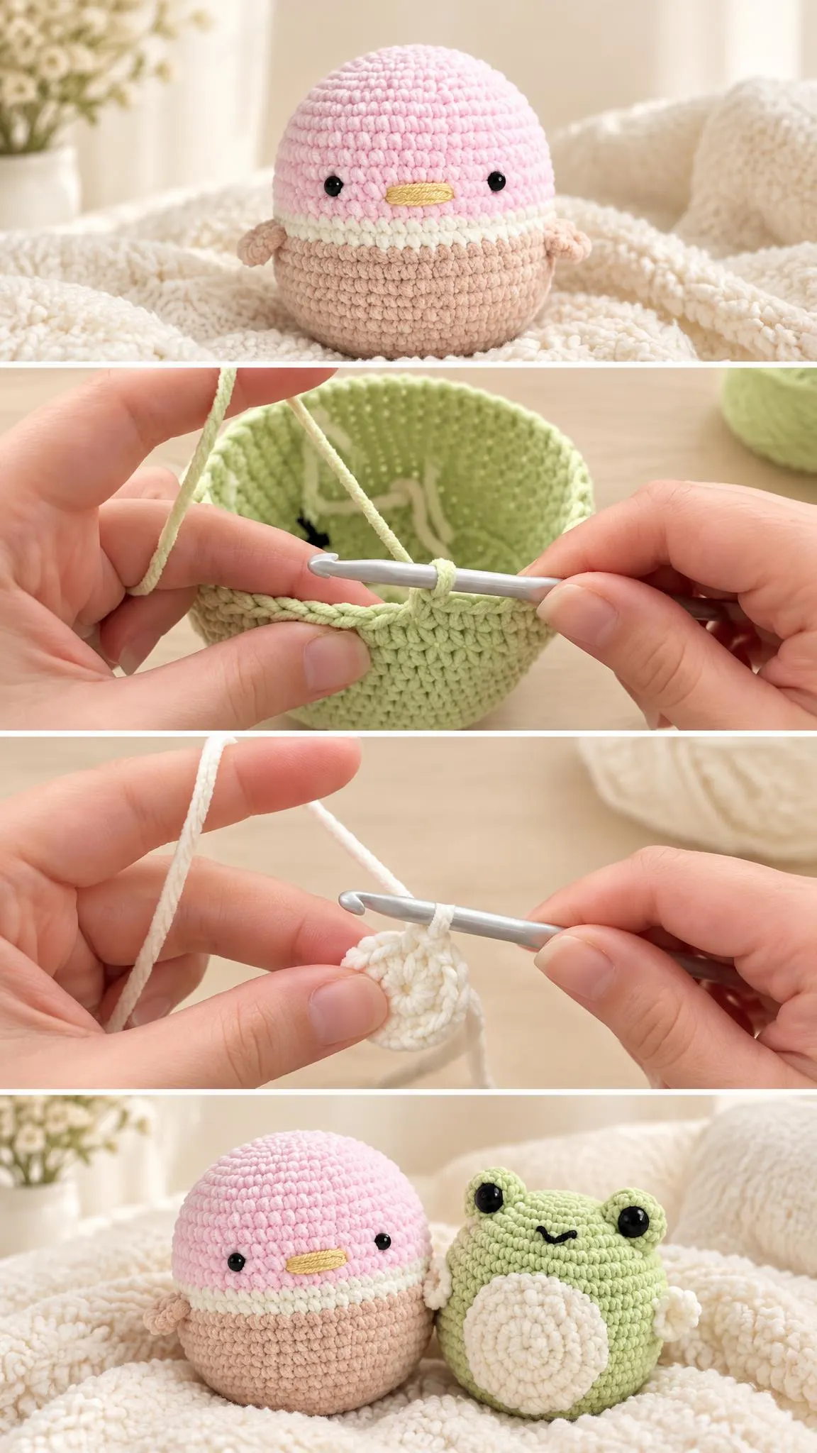 Dive into the charming craft of crochet amigurumi plushies. This guide offers step-by-step instructions for creating adorable characters like a pastel duck and a sage frog, perfect for gifts or home decor.