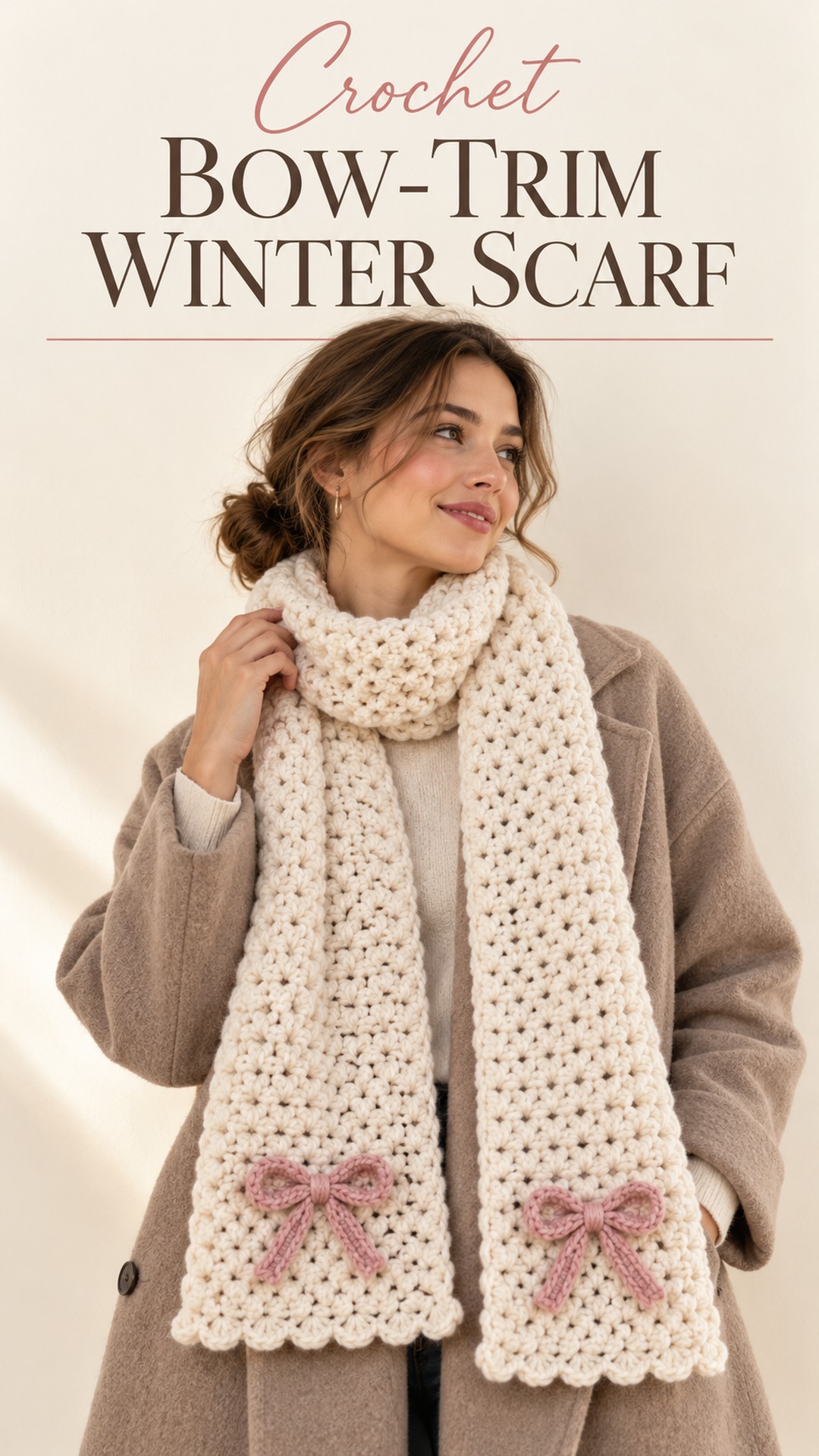 Crochet bow-trim winter scarf