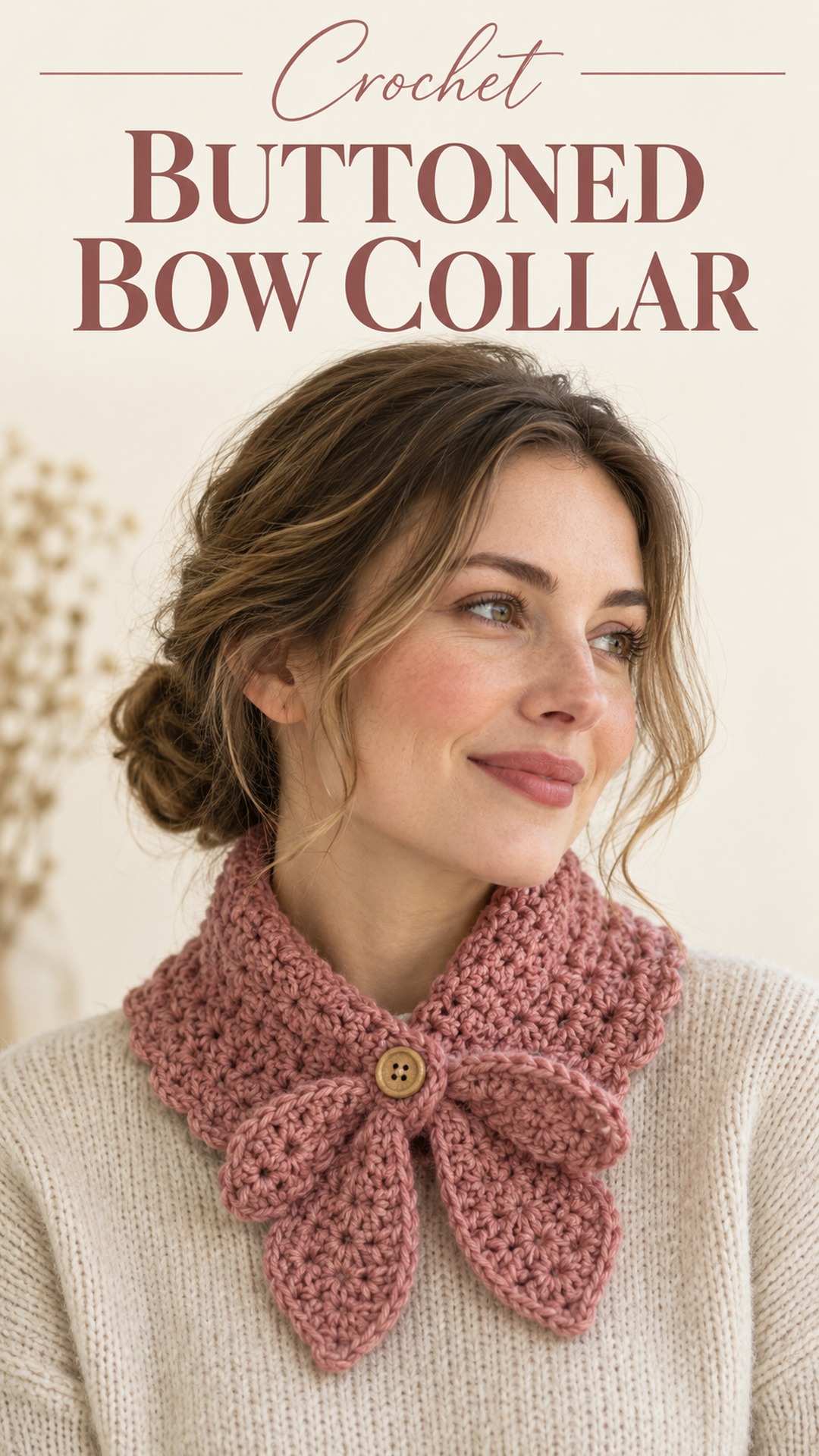 Crochet buttoned bow collar