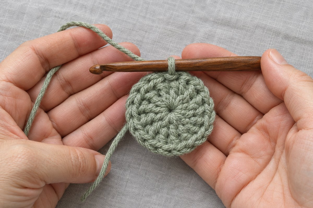 A small sage green crochet circle worked in the round, resting in two cupped hands with a wooden hook still in the last loop