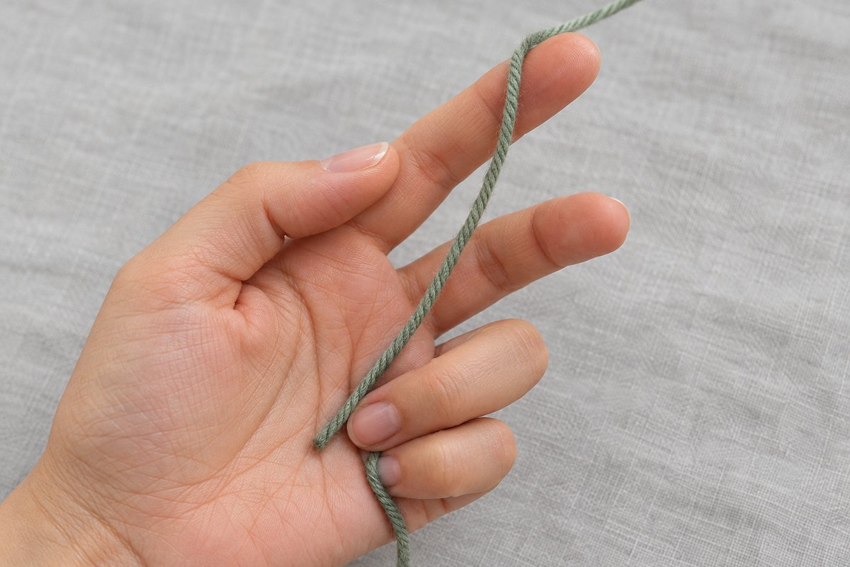 Left palm facing the camera with a sage green yarn tail trapped under the ring finger and the working yarn running over the index finger