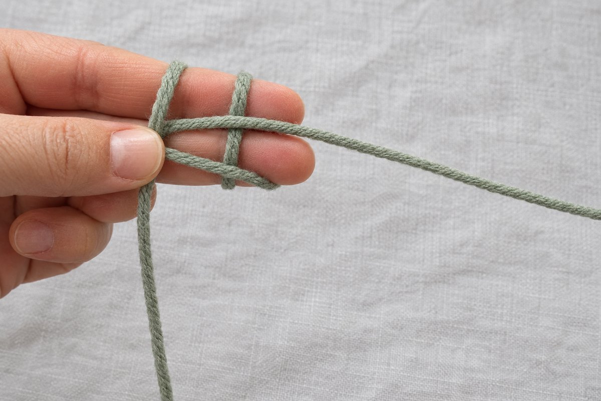 Sage green yarn wound twice around the index and middle fingers with the thumb pinching the crossing point