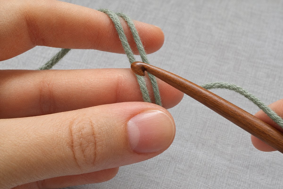 Wooden crochet hook sliding beneath the first strand of sage green yarn wound around two fingers