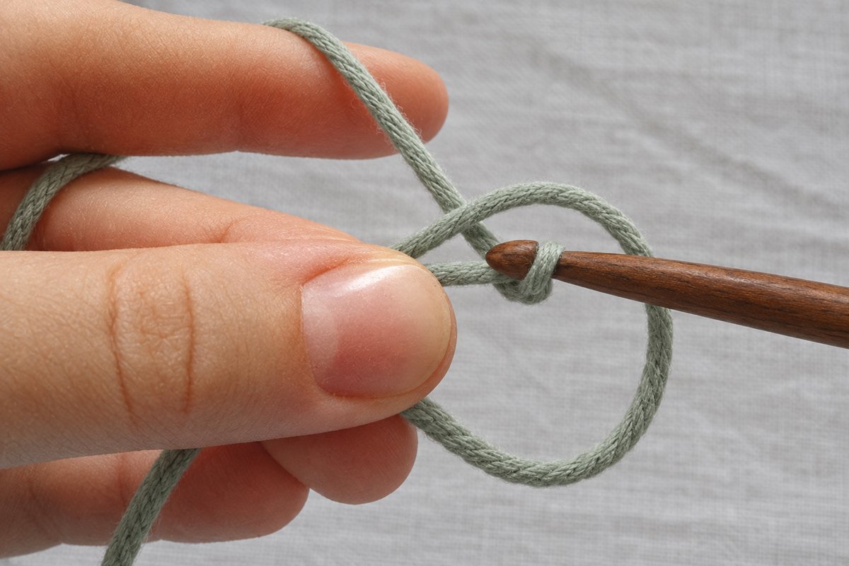 Hook pulling the second strand beneath the first so a single loop sits on the hook