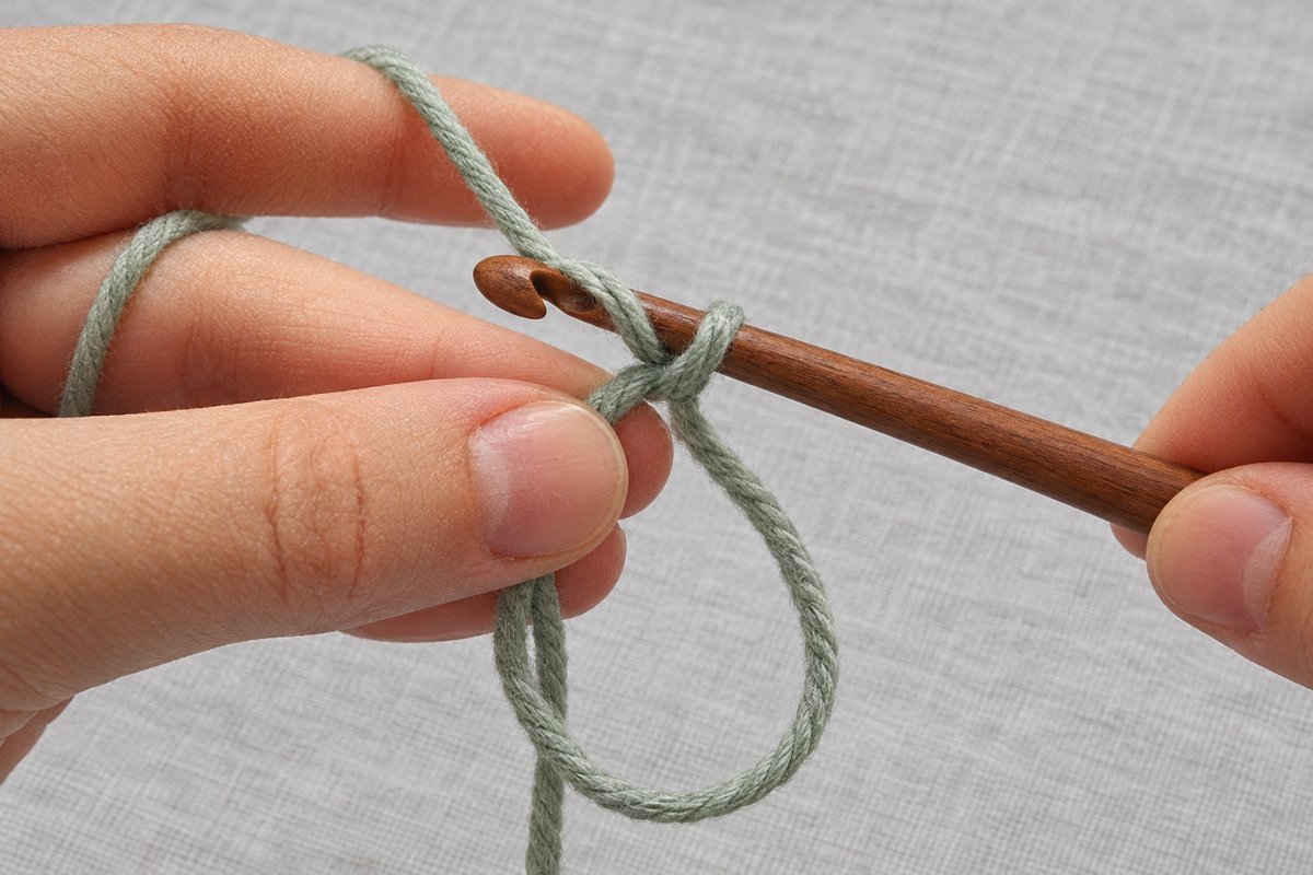Working yarn wrapped over the hook and drawn through to form a locking chain while the ring stays on the fingers