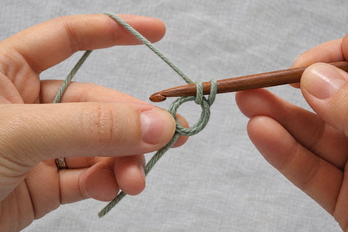 Open yarn ring held between thumb and index finger with the hook inserted into the center to start the first single crochet