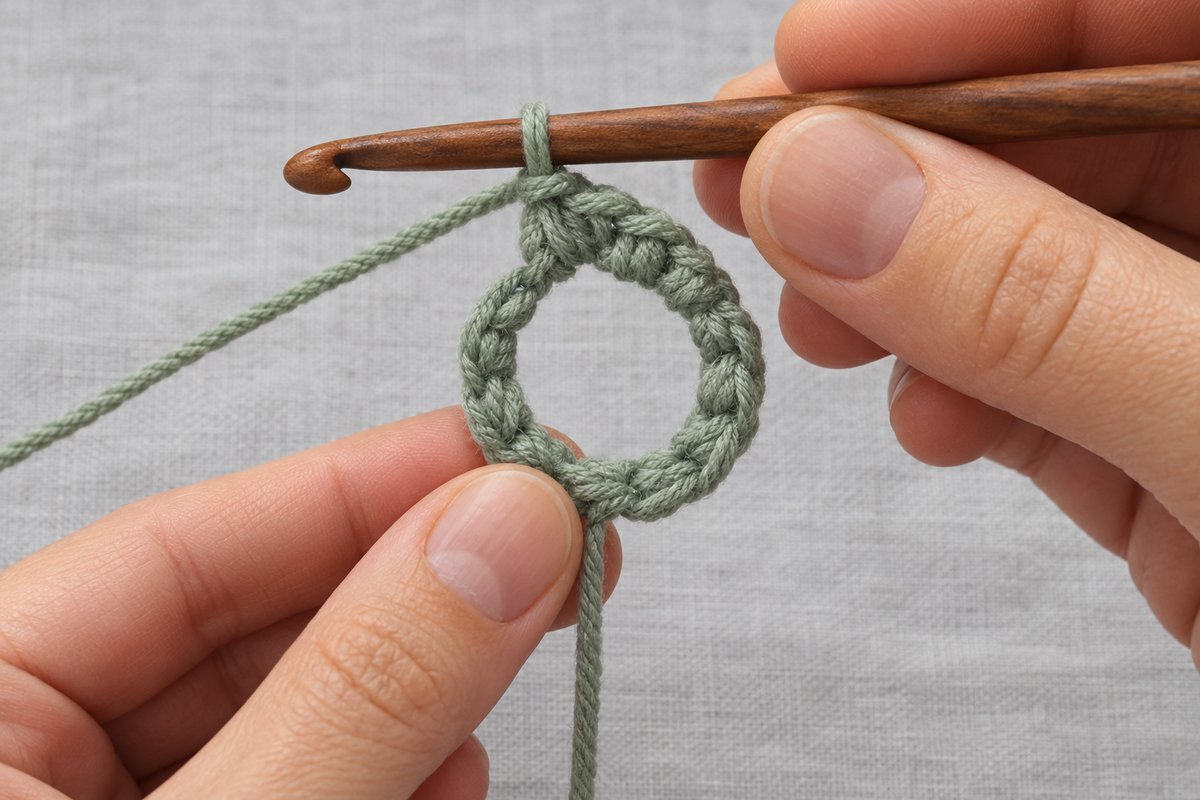 Six sage green single crochet stitches worked around an open yarn ring held between finger and thumb