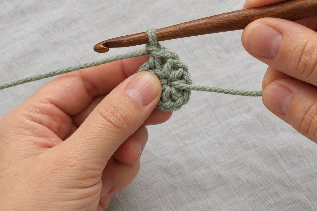 Right hand pulling the yarn tail while the left hand holds the stitches as the center of the ring closes
