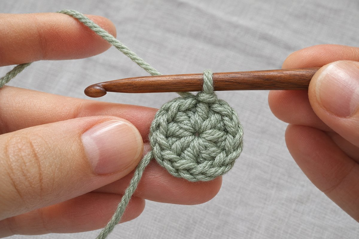 Finished sage green crochet circle with a tightly closed center and the wooden hook resting in the last loop