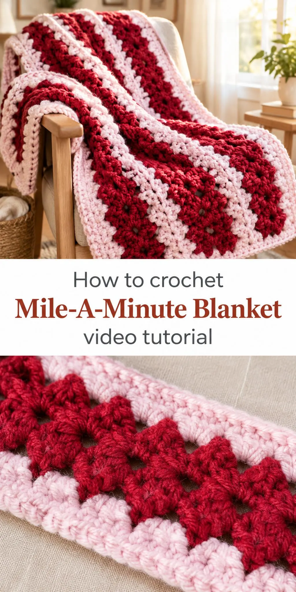 Create a stunning Mile-A-Minute Blanket with this easy crochet pattern. Featuring bold red and pale pink, this cozy piece is perfect for any room and makes a thoughtful gift. Enjoy quick progress and beautiful results with this charming project.