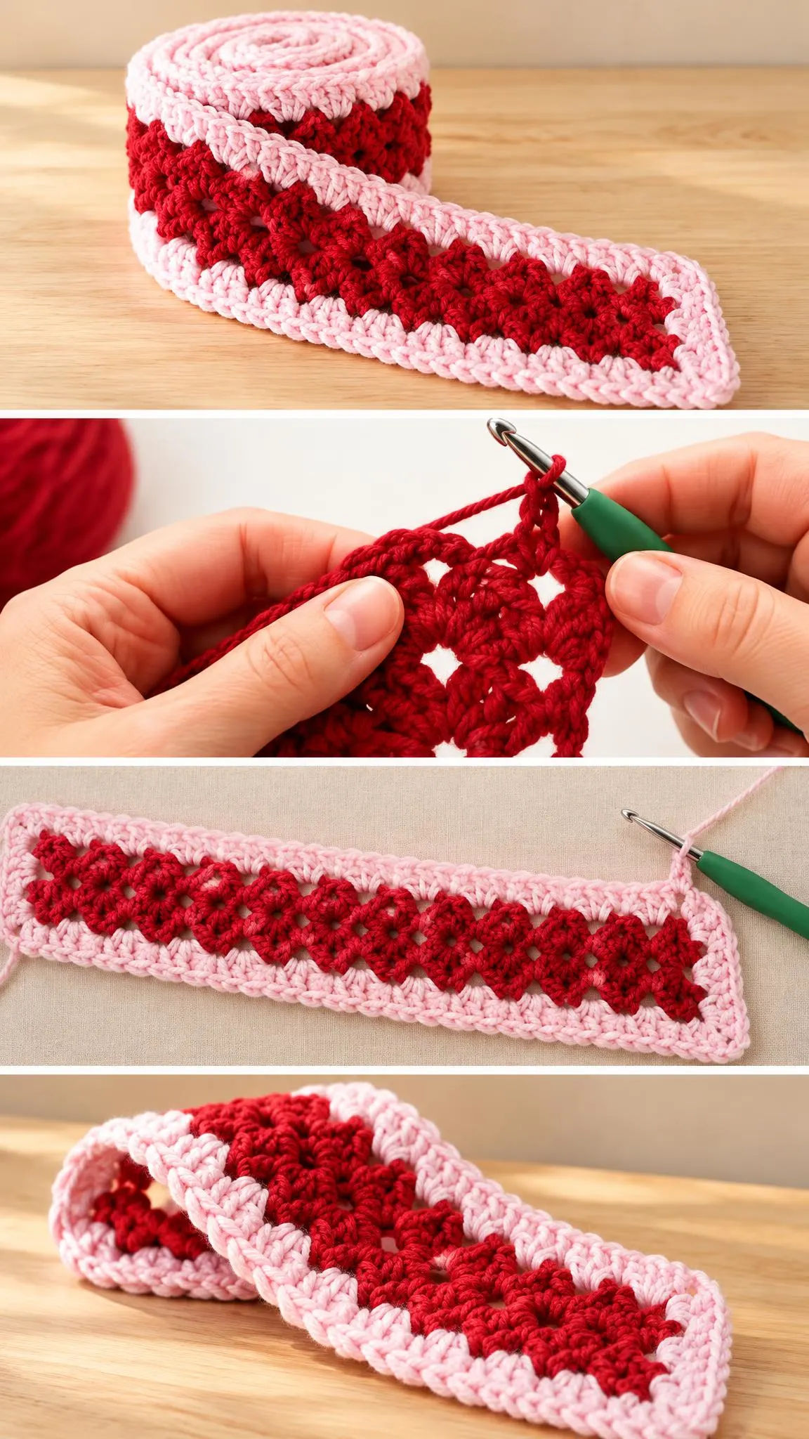 Create a stunning Mile-A-Minute Blanket with this easy crochet pattern. Featuring bold red and pale pink, this cozy piece is perfect for any room and makes a thoughtful gift. Enjoy quick progress and beautiful results with this charming project.