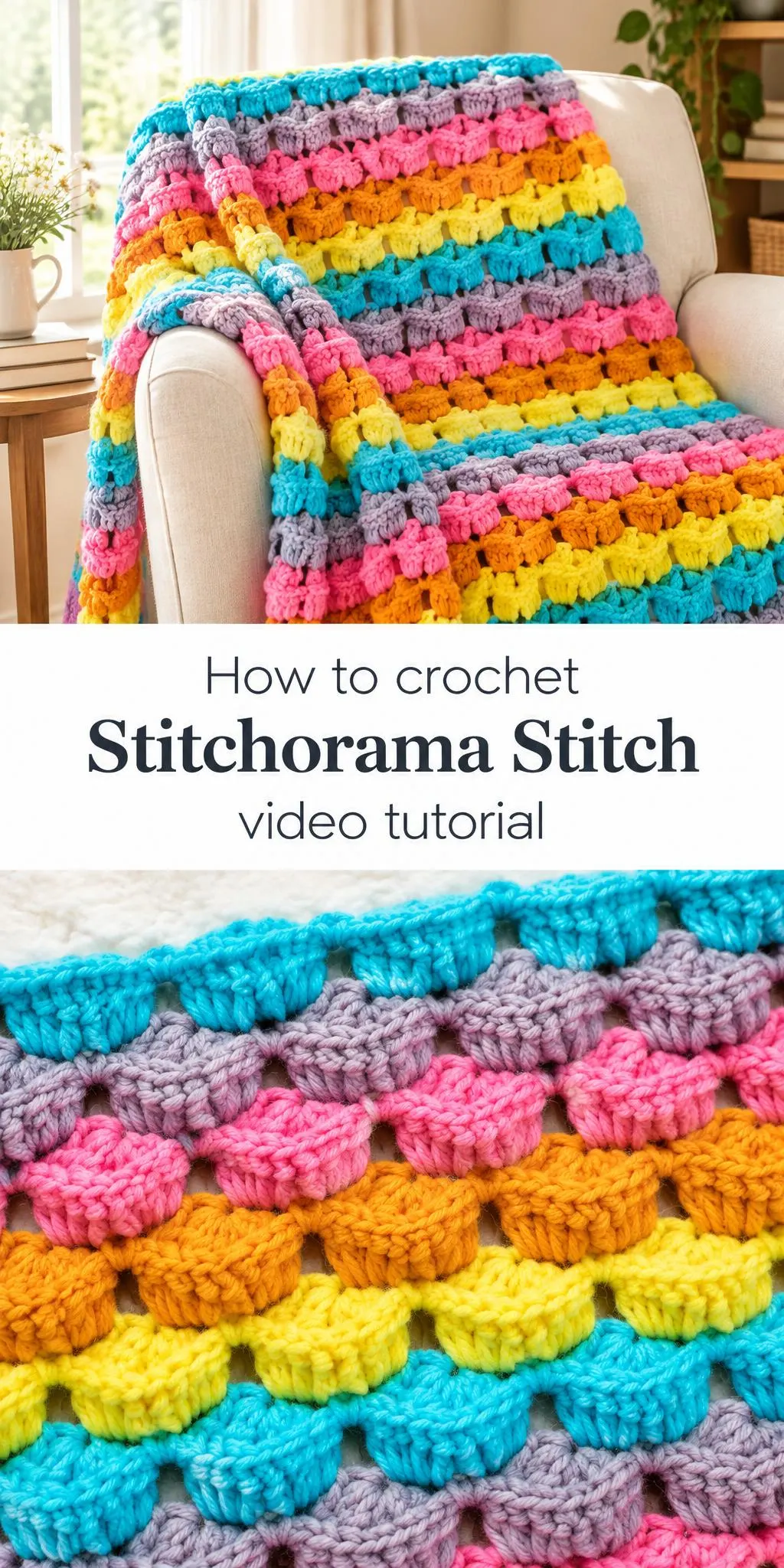 Colorful crochet blanket showcasing the Stitchorama crochet stitch on a cozy chair.