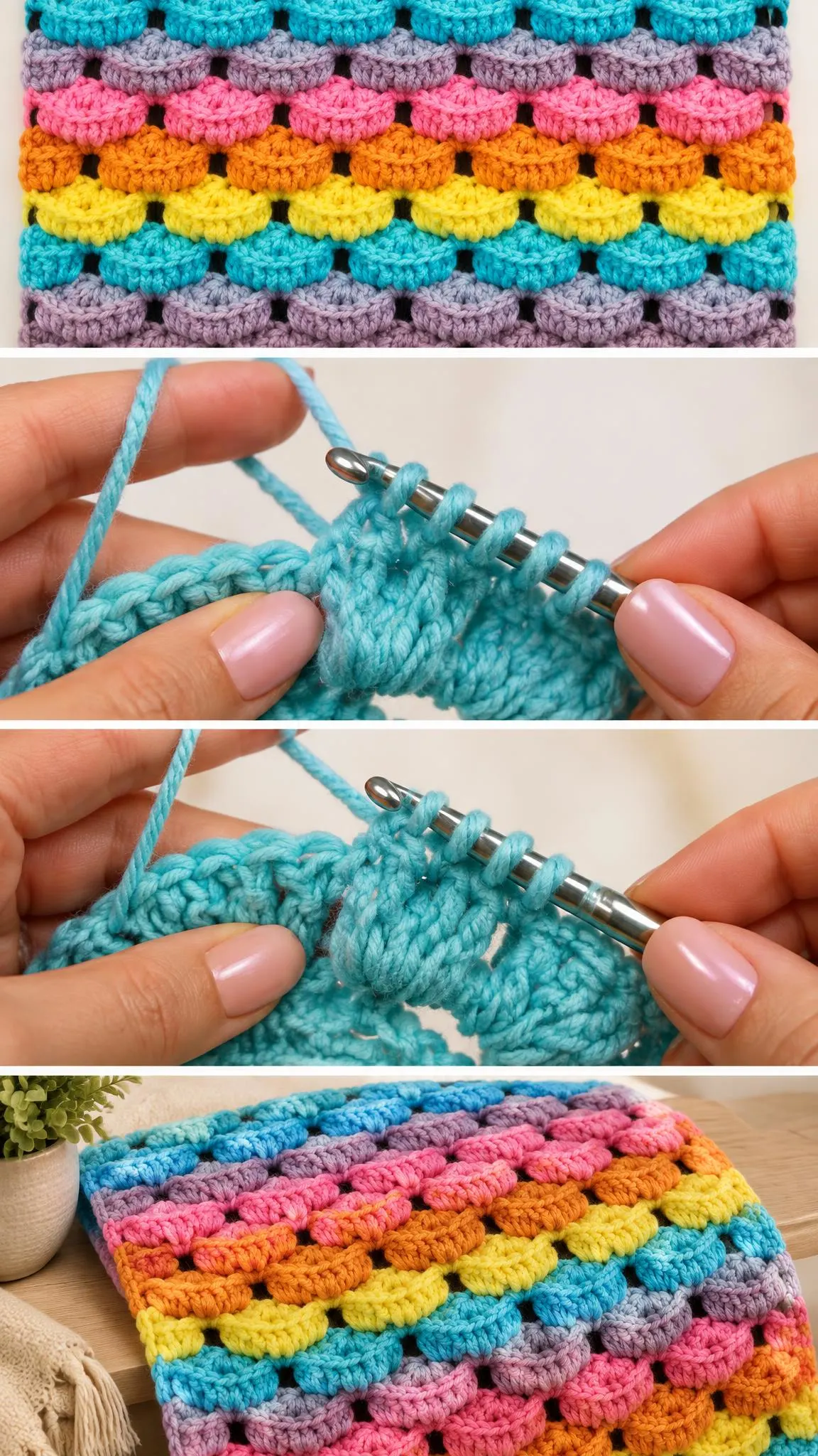 Colorful crochet swatch showcasing the Stitchorama crochet stitch technique.