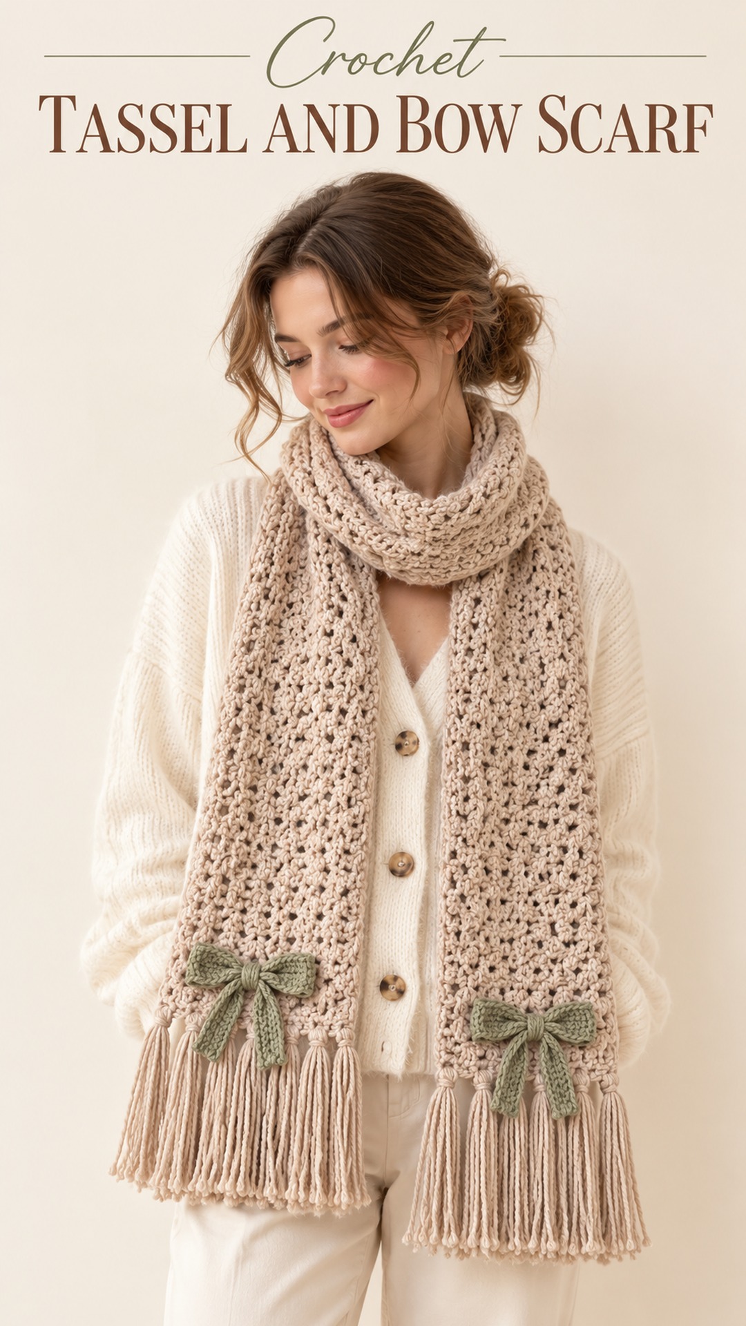 Crochet tassel and bow scarf
