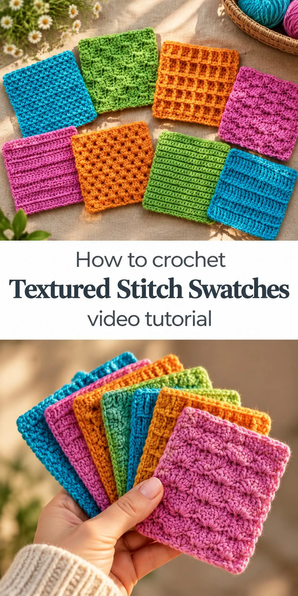 Colorful crochet textured stitch swatches arranged in a vibrant display, showcasing various patterns.