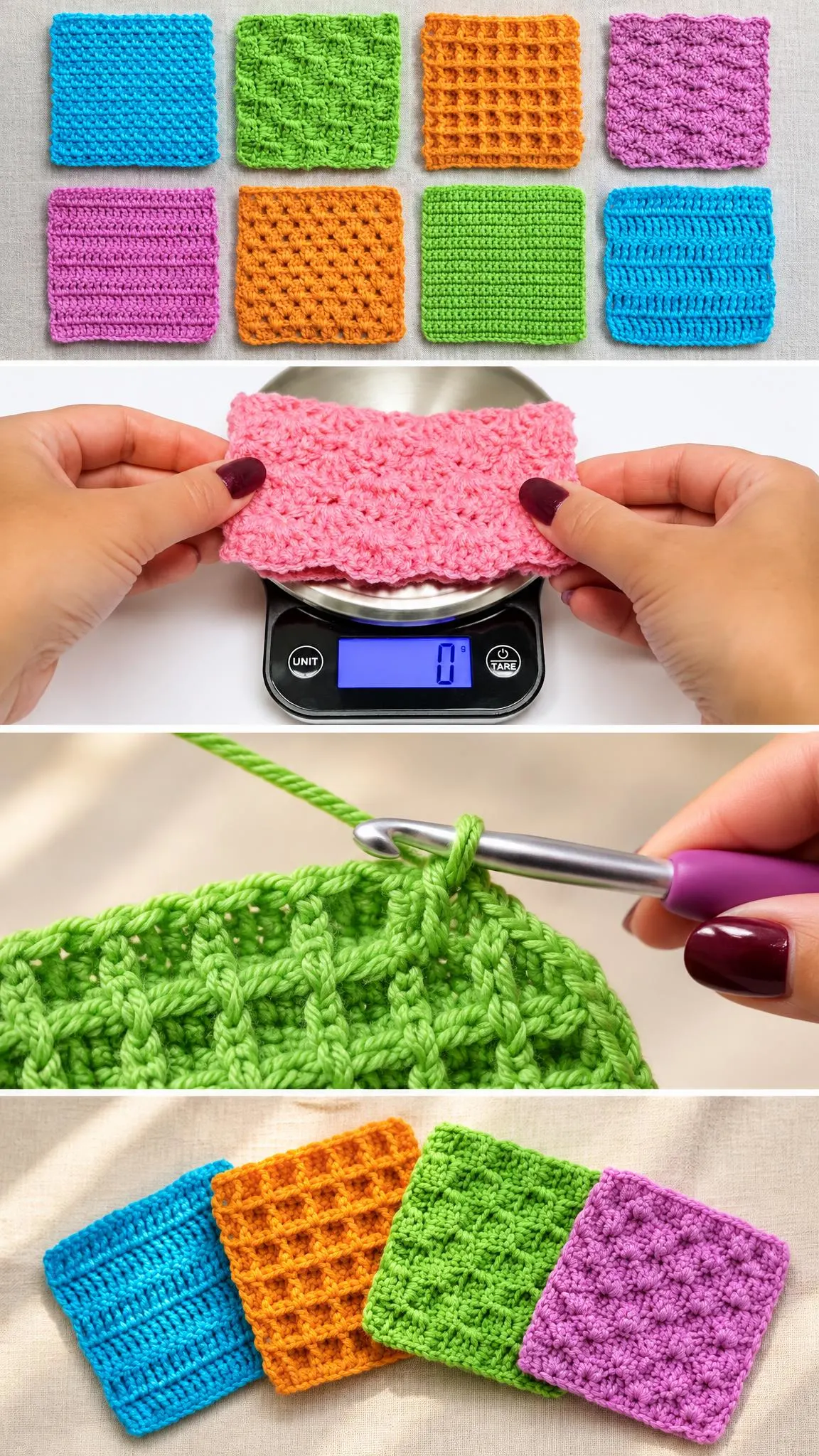 Colorful crochet textured stitch swatches showcasing various patterns and techniques.