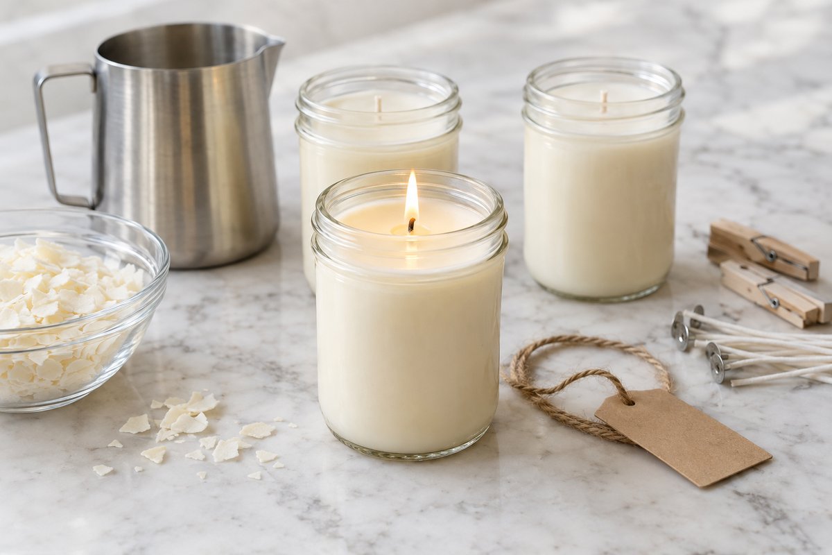 Three cream soy candles in clear 8 oz mason jars on white marble, the front one lit