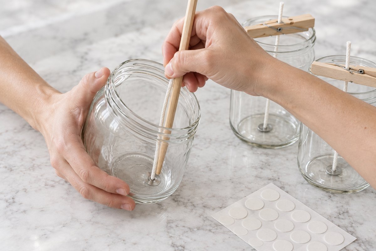 Hands pressing a tabbed cotton wick onto the bottom of a clear mason jar with a wooden chopstick