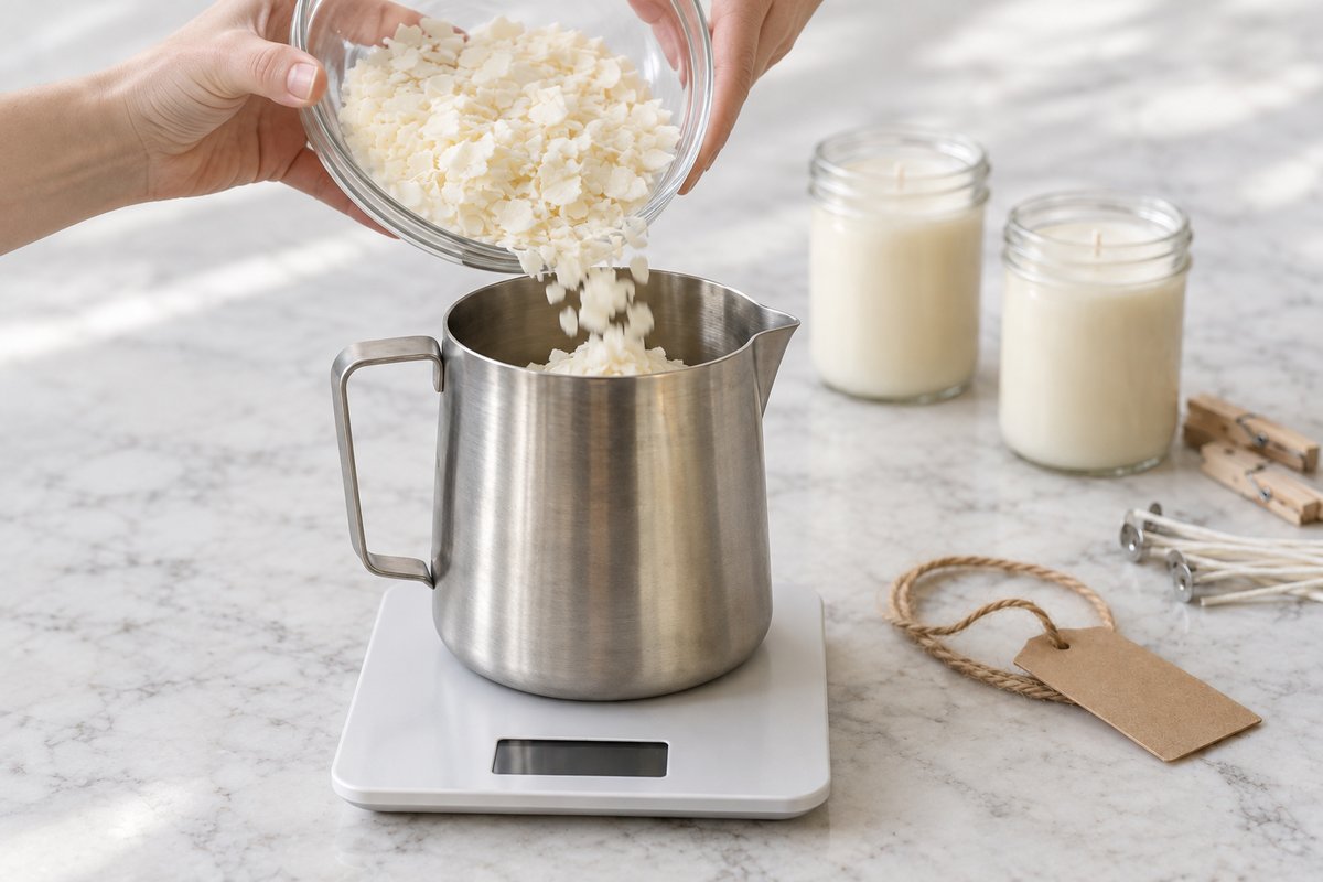 Soy wax flakes being poured from a glass bowl into a stainless steel pitcher sitting on a digital scale