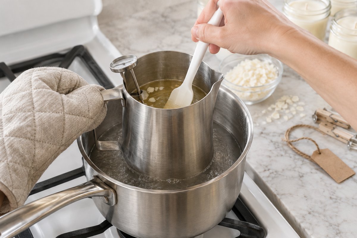 Stainless pitcher of melting soy wax in a saucepan of simmering water with a thermometer clipped to the rim