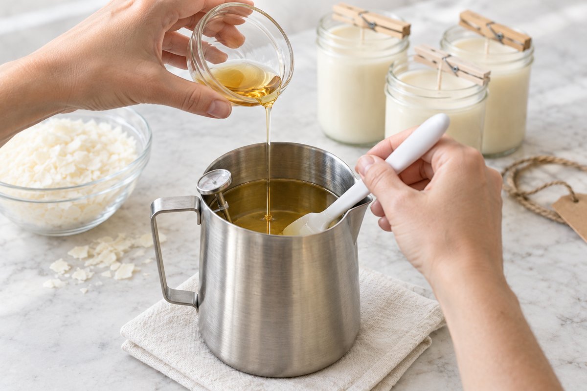 Fragrance oil being poured from a small glass bowl into a stainless pitcher of clear melted soy wax