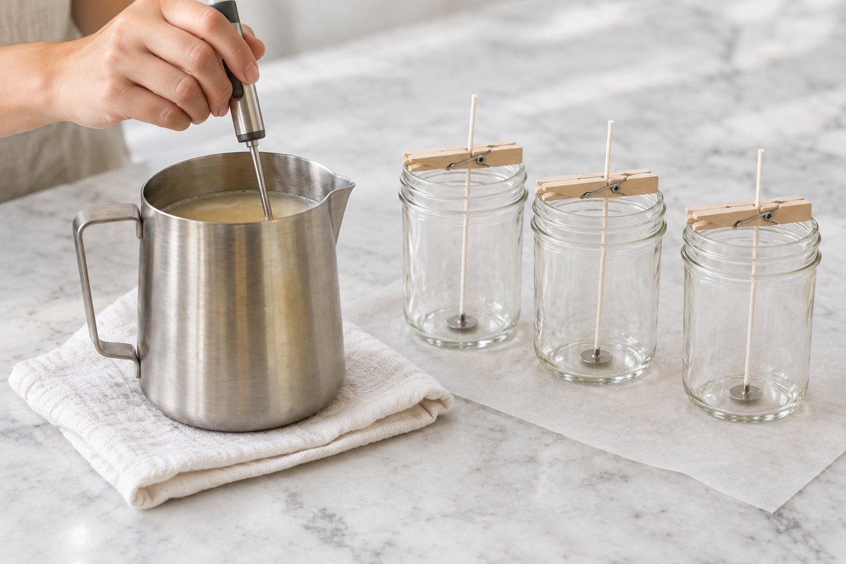 Kitchen thermometer held in a pitcher of cooling soy wax beside three empty wicked mason jars on parchment