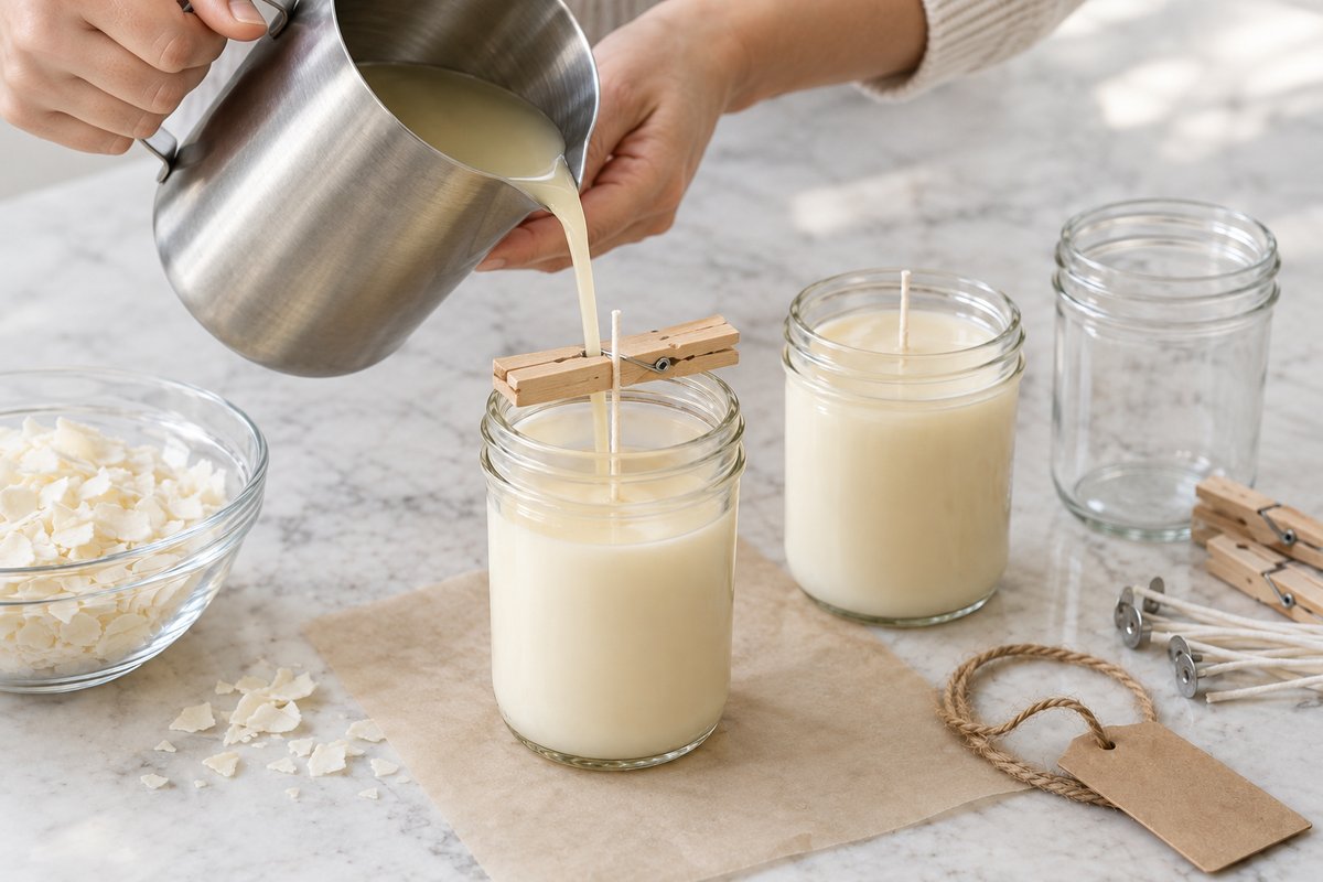 Melted soy wax pouring from a stainless pitcher into a mason jar with the wick held upright by a wooden clothespin