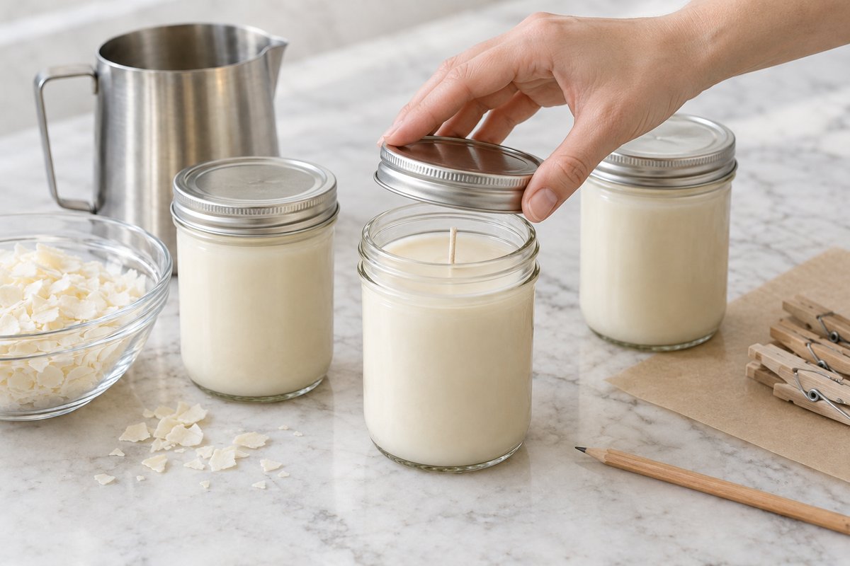 Three set soy candles in mason jars with lids on, resting on a marble counter with a pencil-dated lid in front