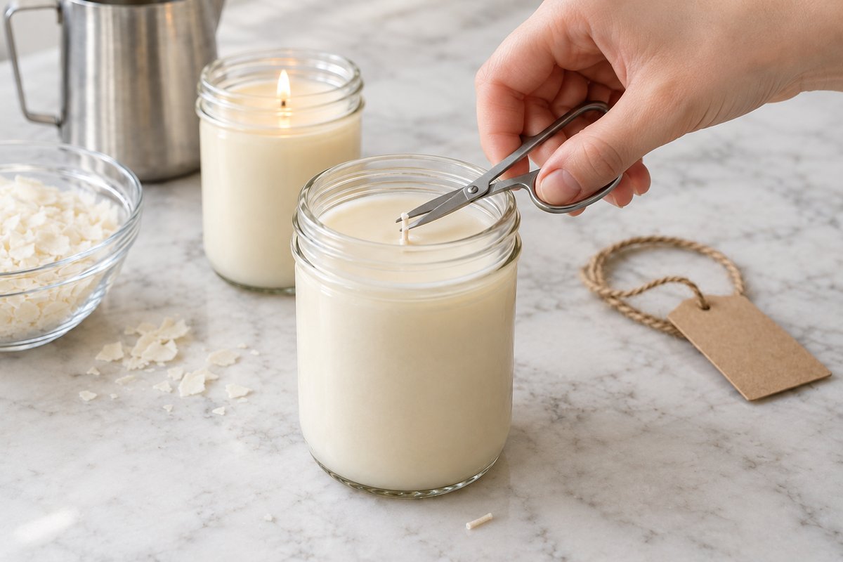 Scissors trimming the cotton wick of a cured soy candle to a quarter inch above the smooth wax surface
